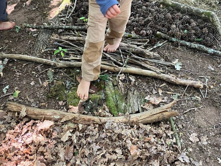 Kinderfüße laufen barfuß über den Waldboden – Stöcke, Laub, Äste und Tannenzapfen, Naturcoaching in Merzig, Saarland